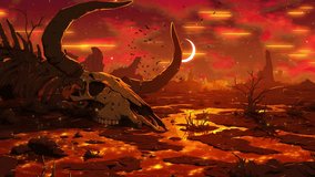 Animated fantasy desert landscape with massive animal skull, reflective molten pond, and dramatic red sky, Surreal barren terrain with dead trees, crescent moon, flying bats, and motion streaks - Powered by Shutterstock - Get 15% off with code: PIKWIZARD15