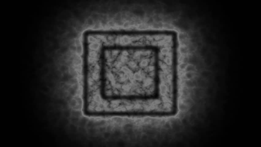 The moving animation takes the form of a square frame that glows in the dark like a saber sword. Background of rotating glowing square.