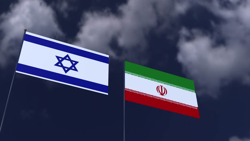 israel vs iran flag waving blue sky cloud white copy space moving iranian israeli flag country national government politic war crisis gaza middle east diplomacy iran israel country national business 