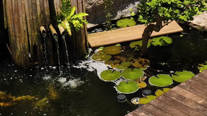 Serene pond complete with a beautiful waterfall and fish swimming gracefully