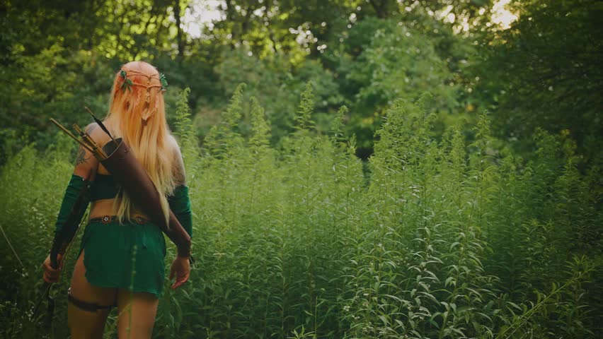 Fantasy strong warrior woman amazon archer walking through high thickets of jungle dense forest, green grass foliage trees tropical plants wild nature. Adult sexy girl hunter back rear view art 4k.