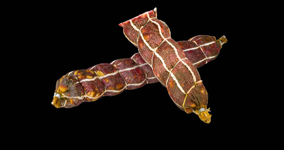 Dry cured salami sausage whole and half, rotation animation, seamlessly loopable. 3D rendering isolated on transparent background