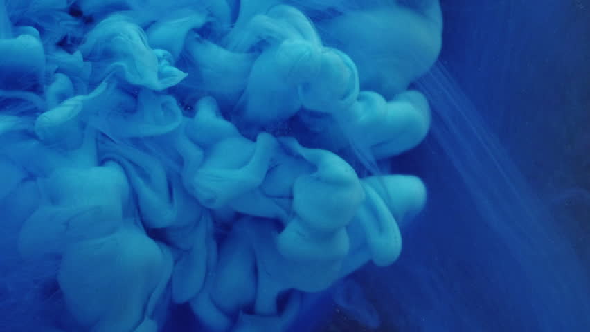 Color fog. Blue fume. Gentle watercolor veil curls mixing in water. Mysterious abstract background with flowing defocused paint hazy texture.