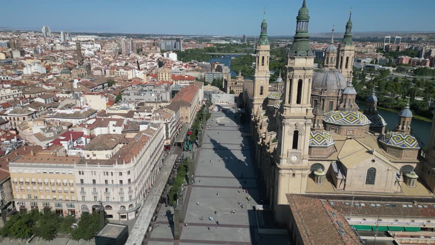 Aerial view of Zaragoza streets in Spain with Cathedral-Basilica of Our Lady of the Pillar (Catedral basílica de Nuestra Señora del Pilar) in sunny summer weather