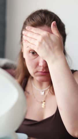 Daily Makeup. Natural beauty. young woman without makeup looking at the mirror applying foundation base cream , routine makeup