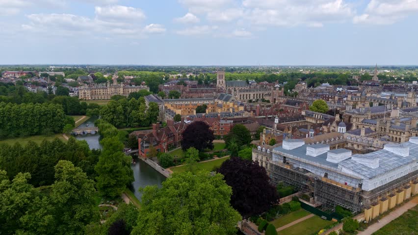 Aerial view of Cambridge University showing the River Cam flowing through the historic buildings and green spaces