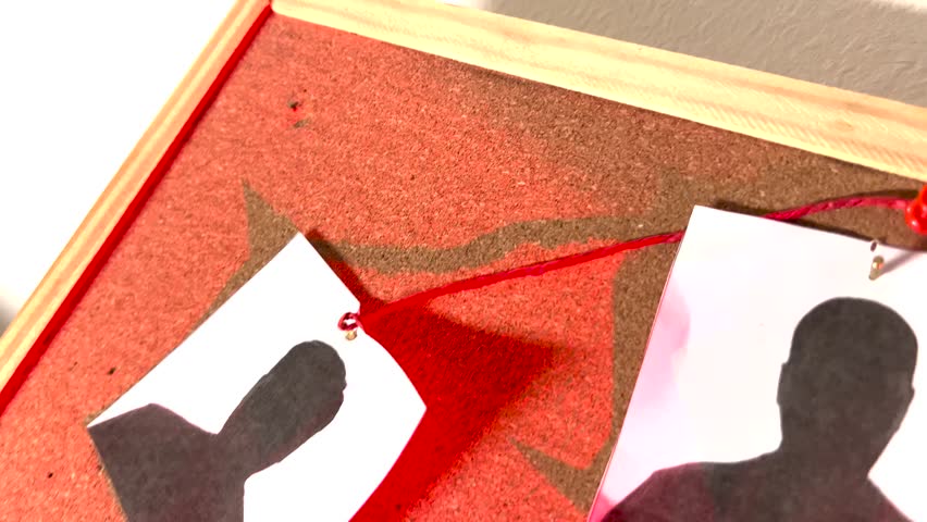 Criminal investigation board with suspect photos connected by red thread on cork background