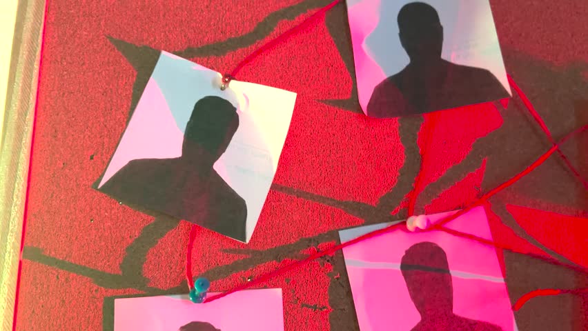 Criminal investigation board with suspect photos connected by red thread on cork background