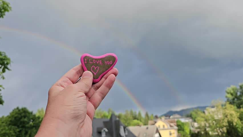 Double rainbow with hand holding up and tracing with I love you hearth shaped rock