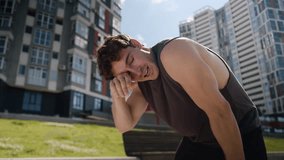 Tired Caucasian man running stop rest pause wiping sweat from forehead male guy sportsman city runner outdoors sport lifestyle run motivation jog jogger training exhausted athlete urban active workout - Powered by Shutterstock - Get 15% off with code: PIKWIZARD15