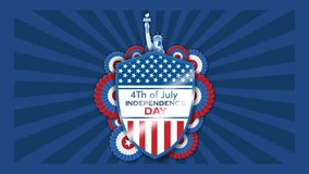 Festive 4K animation with a patriotic shield, red-white-blue rosettes, and Statue of Liberty. A dynamic tribute to U.S. Independence Day with bold starburst background and celebratory design. - Powered by Shutterstock - Get 15% off with code: PIKWIZARD15