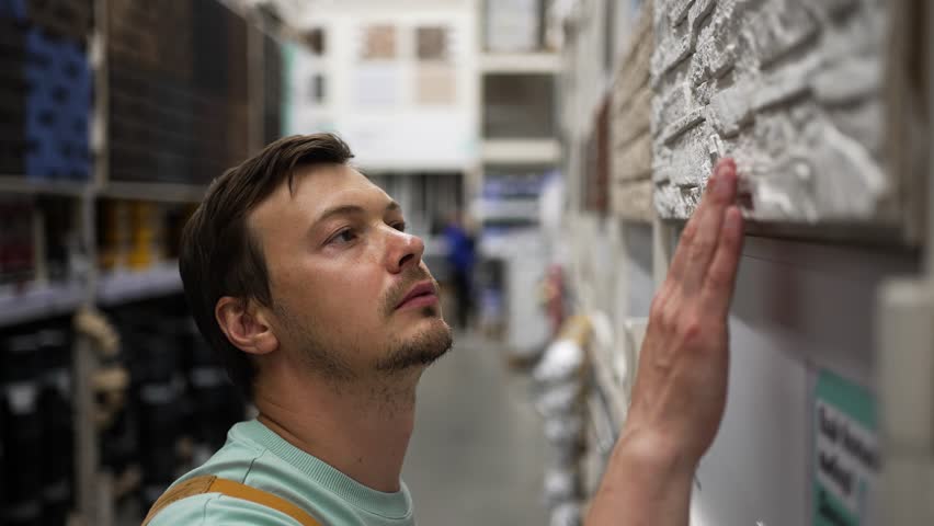 Construction worker selecting decorative white brick samples inside building materials store, comparing textures and design for architectural project