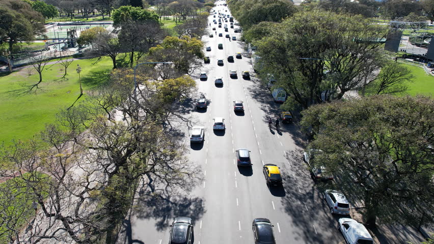 Elevated Drone View of Car Traffic on Figueroa Alcorta Avenue, Buenos Aires, Argentina - 4K