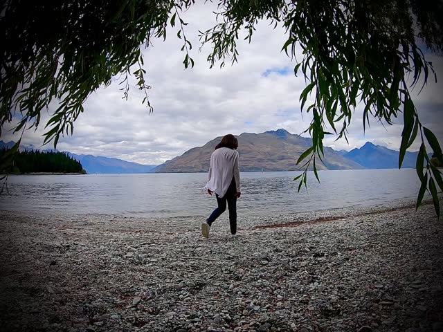 Solitary Figure on Remote Beach – Serene New Zealand Coastline at Low Tide Under Moody Sky