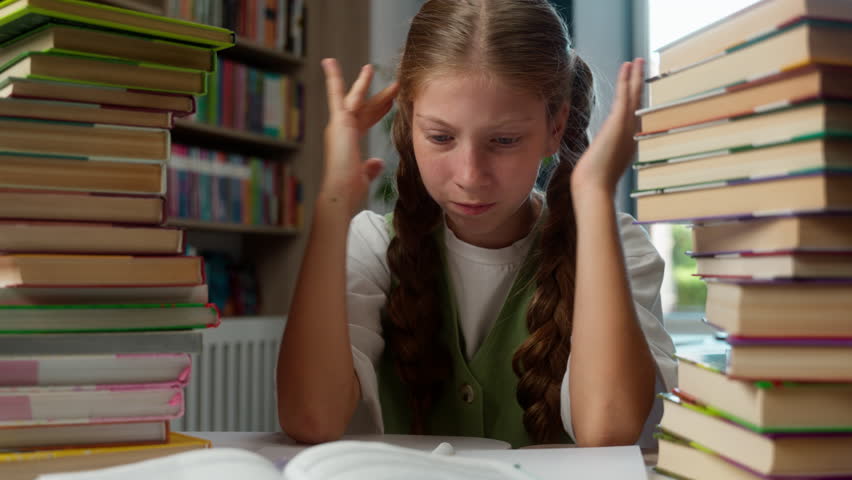Angry irritated annoyed Caucasian little girl schoolkid child school kid schoolgirl learner pupil student sit desk two piles books writing pen textbook schoolwork irritation anger overworked indoors