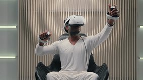 African American ethnic man male guy playing VR game innovation internet gaming interactive cyberspace interface in futuristic studio wearing virtual reality glasses helmet hold controllers futurism - Powered by Shutterstock - Get 15% off with code: PIKWIZARD15