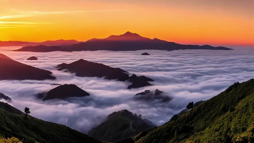 A breathtaking time-lapse of a sunrise over a majestic mountain range, with thick fog and clouds rolling through the valleys. Perfect for nature documentaries, travel videos, or peaceful background