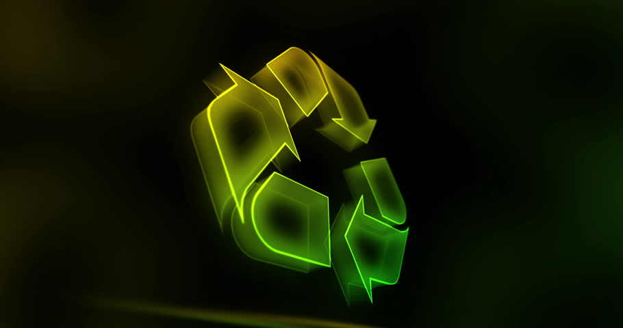 Recycling glass style symbol seamless and looped. Colour transparent 3d light neon rotated icon concept abstract animation.