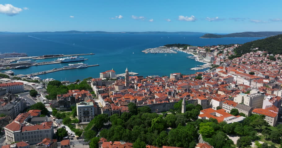 Aerial View Over Old Town Of Split In Croatia - Drone Shot