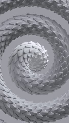 Vertical 3d looped animation of a white snake skin hypnotic helix. Abstract animated albino snake moving endlessly. Video of dragon scales texture