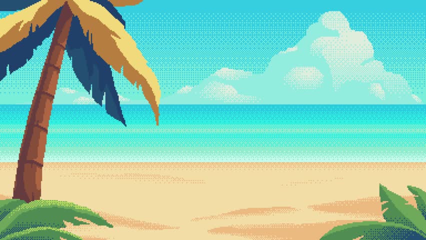 Loop animation of a pixel art beach with gentle ocean waves and palm leaves swaying in the breeze.