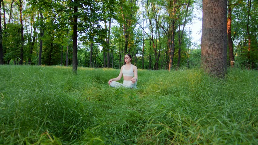 At sunset, a woman in white activewear performs a flowing seated yoga sequence in a forest park. Her calm gestures and focused breath reflect balance, peace, and connection to nature.