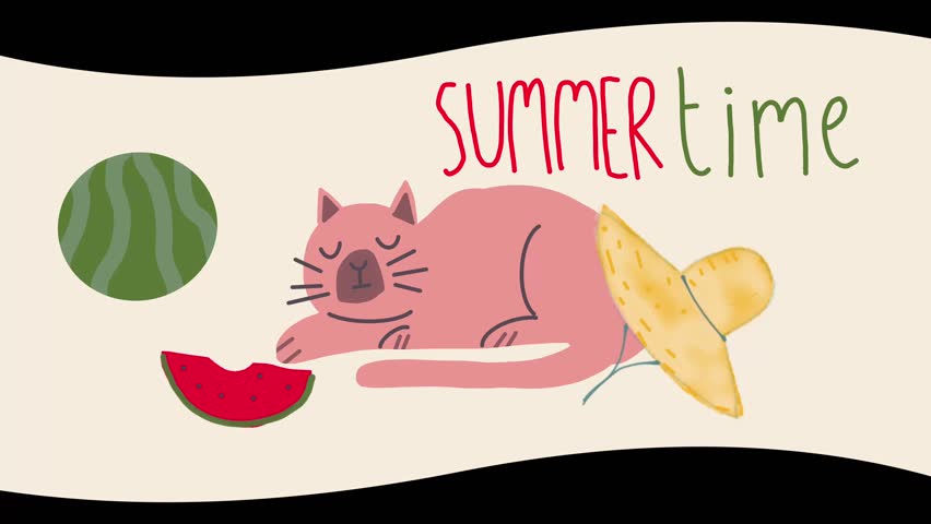 Cartoon cat peacefully sleeps in warm summertime sunlight, creating a calm and cozy vibe.