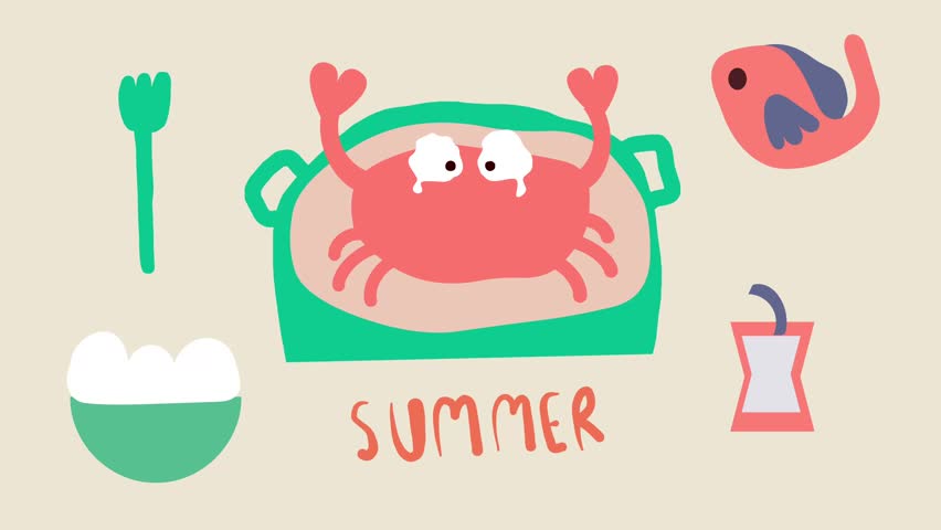 Animated crab cries in a hot pot during summer with vibrant colors and whimsical motion.
