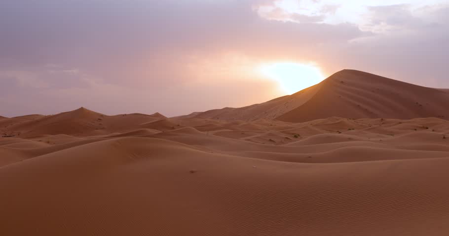 Panoramic landscape views of Erg Chebbi sand dunes located in Morocco on the western edge of the Sahara Desert