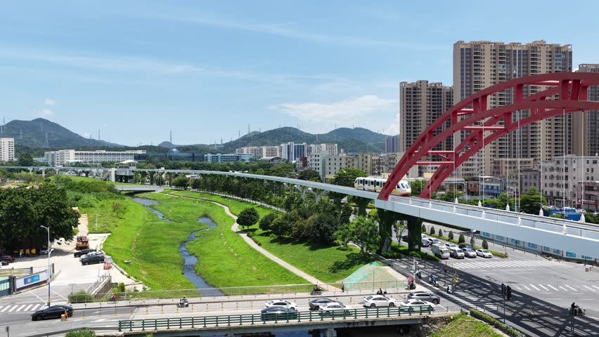 Skyview of BYD SkyRail ,an innovative rubber tired intelligent light monorail transit system in Shenzhen Pingshan, offering flexible, quiet, safe, efficient rail transport between Pingshan