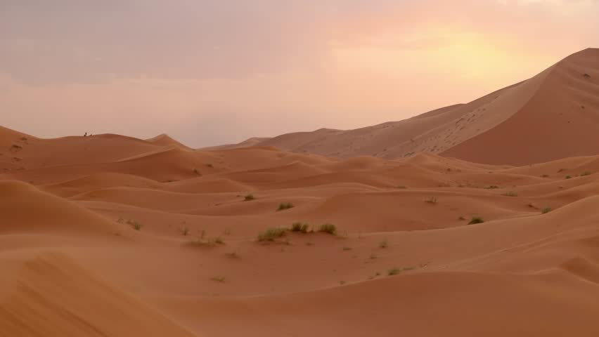 Panoramic landscape views of Erg Chebbi sand dunes located in Morocco on the western edge of the Sahara Desert