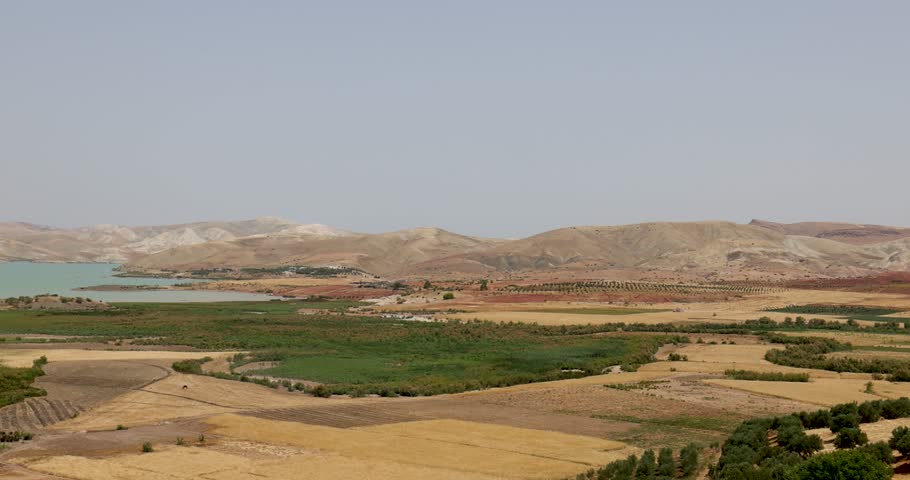 Elevated panoramic views of Barrage Sidi Chahed dam, north west Morocco
