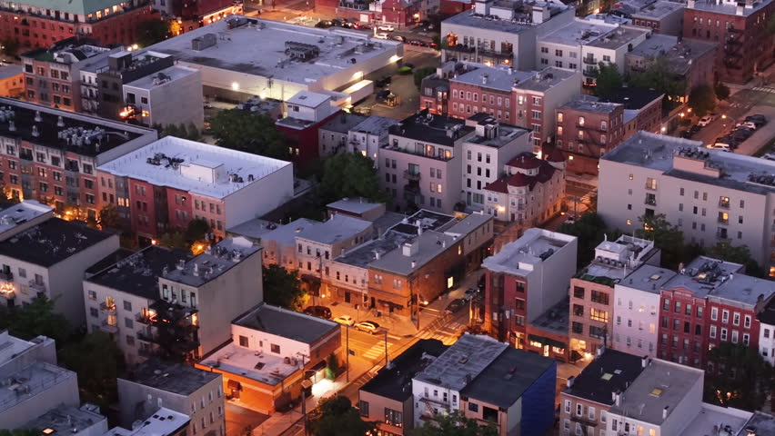 Aerial view of homes in Hoboken, New Jersey at night
