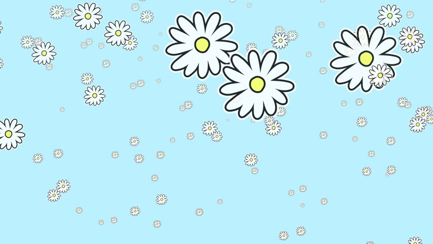 Animated Hand Drawn Flying Daisy Flowers Particles on Blue Background Nature concept design template. Creative Spring Design for Animated Camomiles for Cards Banners Templates Web or Tv Backgrounds