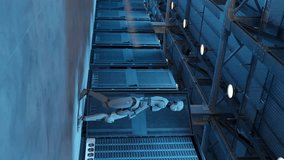 Humanoid robot walking along server racks inside industrial data center with blue lighting. 3D rendering of artificial intelligence and automation in digital infrastructure environment. vertical - Powered by Shutterstock - Get 15% off with code: PIKWIZARD15