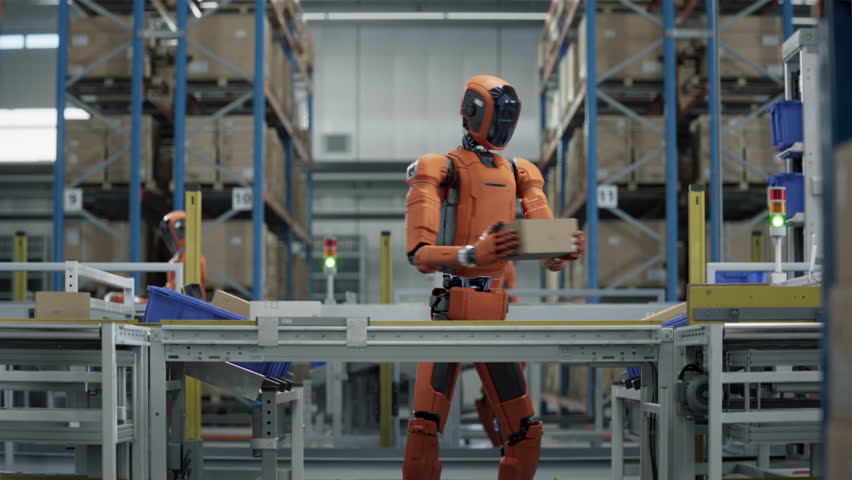 Autonomous AI-Enabled Humanoid Robot Works at Fulfillment Center. Automated Warehouse or Logistics Center with General Purpose Humanoid Robots for Improved Efficiency. 