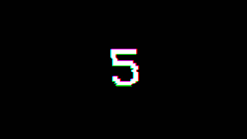 5 second glitch countdown on black background animation