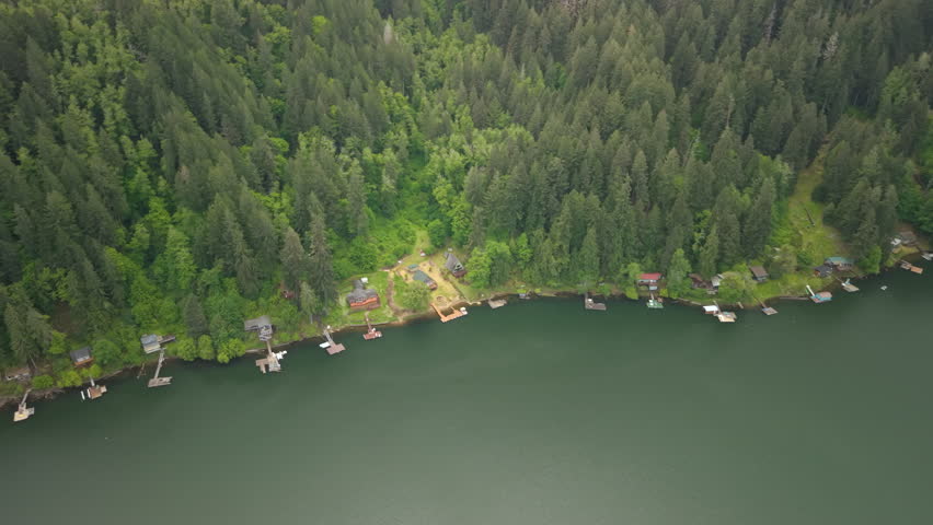 Aerial of Loon Lake, Oregon. Top down descending rotating drone shot of cabins and fishing docks