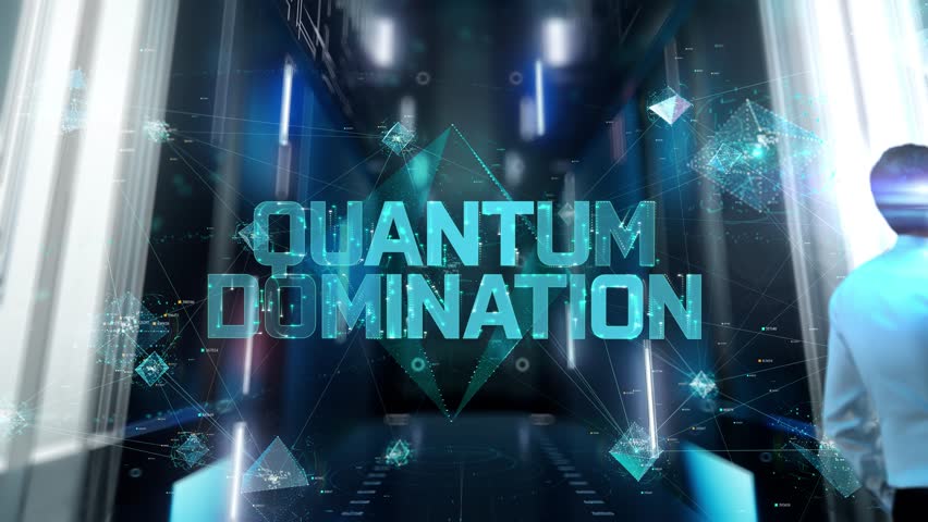 Quantum domination. Man in Futuristic Office Interior Moving and Activating Hologram.