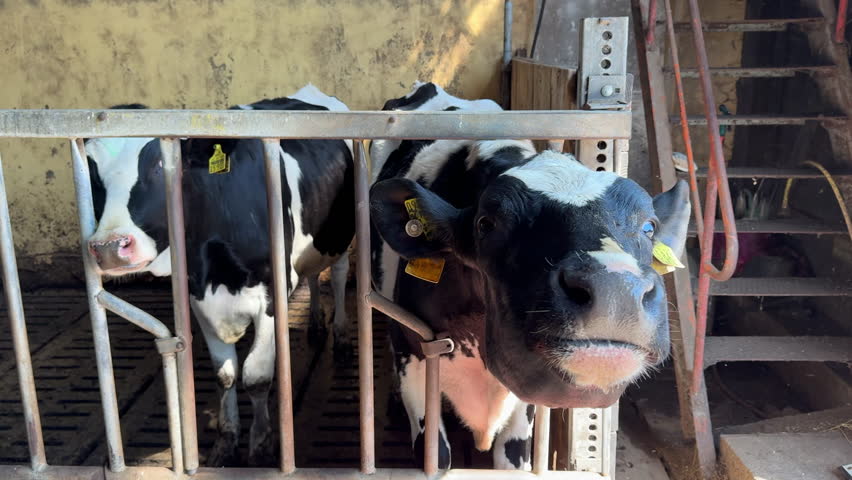 many black and coloured cattle stand in the barn and eat
