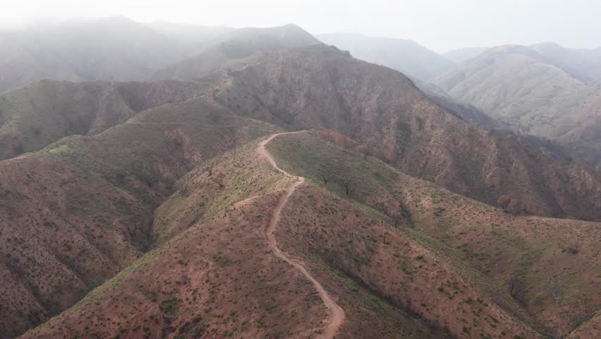 Aerial wide shot flying up the Backbone Trail in Will Rogers State Historic Park after the Palisades Fire in Los Angeles, California. 4K