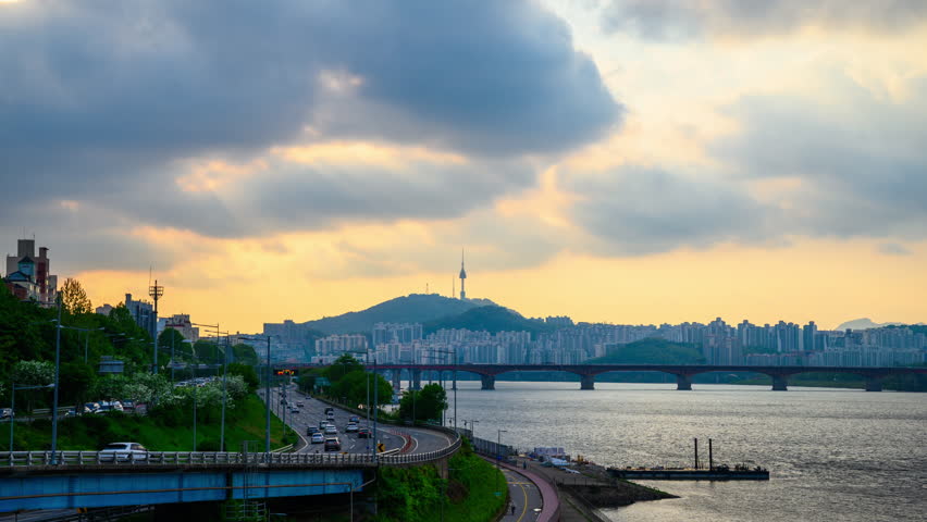 VDO Time Lapse of N Seoul Tower and Sunset over Han River and Namsan Mountain, Seoul, South Korea