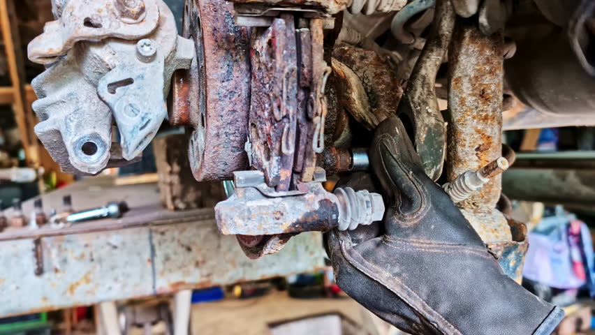 Close up of mechanic in gloves repairing heavily rusted brake caliper of car