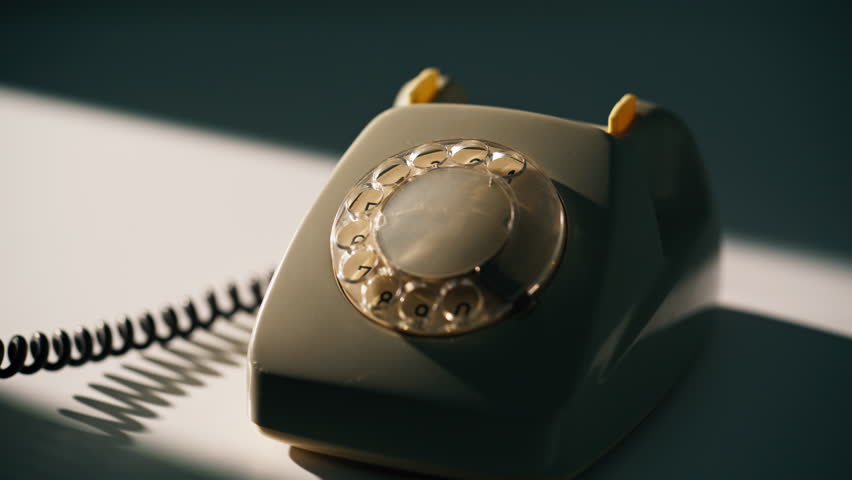 Hand hang up retro telephone standing on desk in evening shadow closeup. Unrecognizable man finish call putting receiver on vintage stationary phone. Person using old rotary communication device.