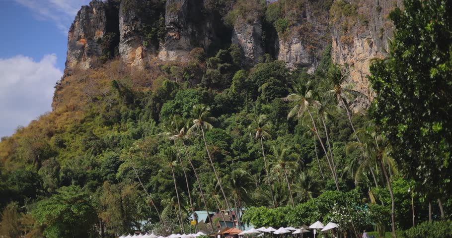Cinematic view of lush tropical jungle, limestone cliffs, and palm trees in Pai Plong Bay, Ao Nang Beach, Krabi. Perfect for travel, nature, eco-tourism, and Southeast Asia promo visuals.
