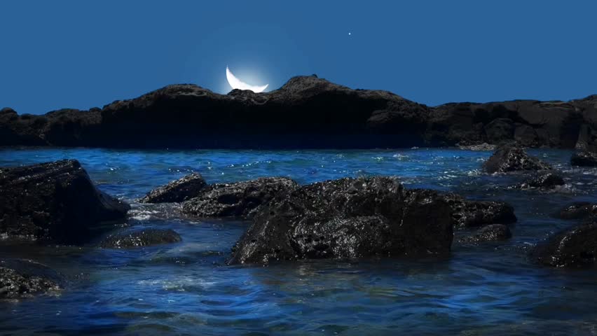 Crescent moon and star peek over dark, rugged rocks as ocean waves crash below in a deep blue night. A powerful, moody, and atmospheric coastal landscape scene.