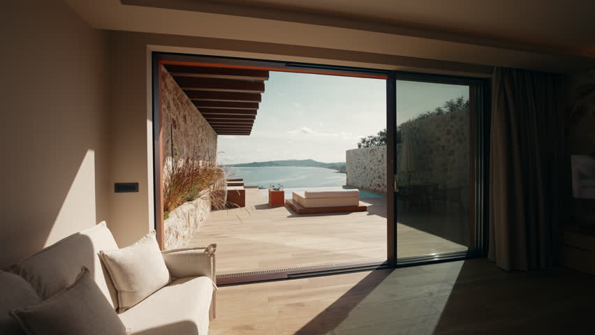 Luxury Seaside Villa Patio With Ocean View in Bright Daylight