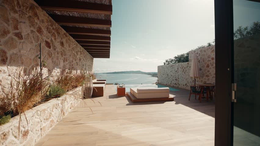 Luxury Seaside Villa Patio With Ocean View in Bright Daylight