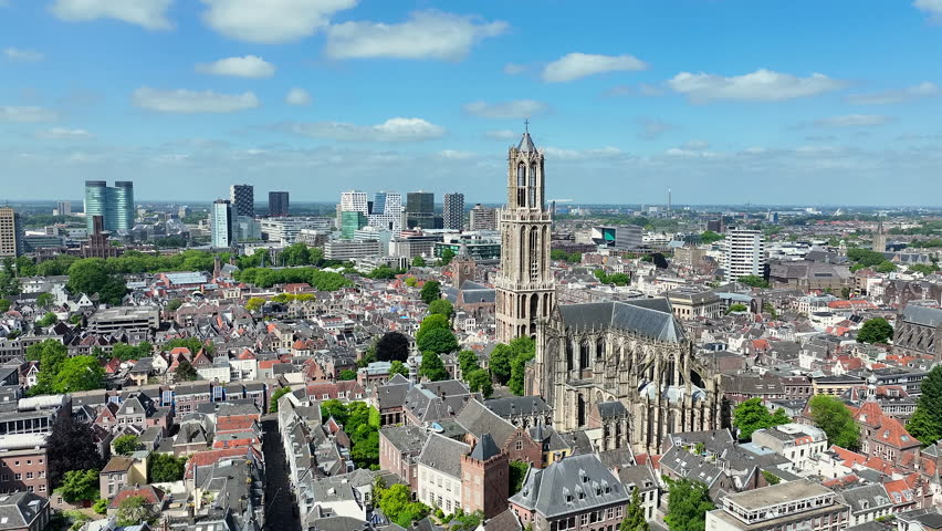 Aerial from the historical city Utrecht with the Dom Tower in the Netherlands