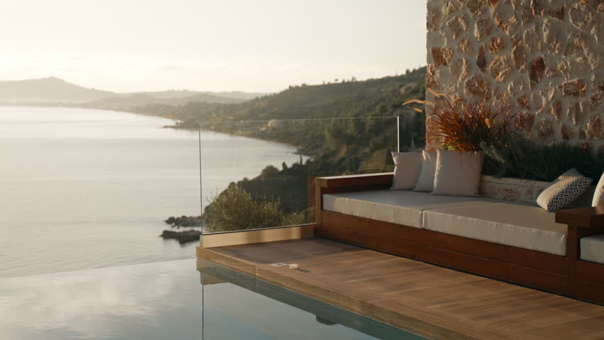 Seaside Villa Lounge Area with Infinity Pool and Coastal View